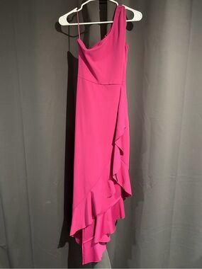 MUSHARE One-Shoulder Magenta Asymmetric Ruffle Dress